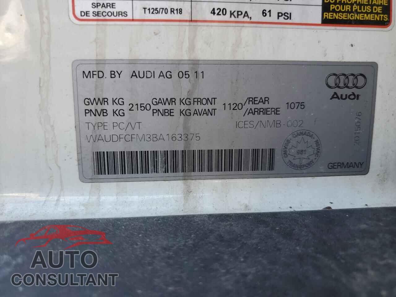 AUDI A3 2011 - WAUDFCFM3BA163375