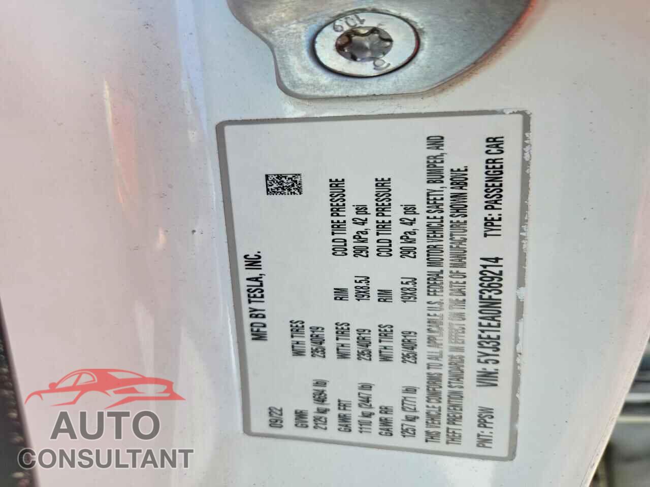 TESLA MODEL 3 2022 - 5YJ3E1EA0NF369214