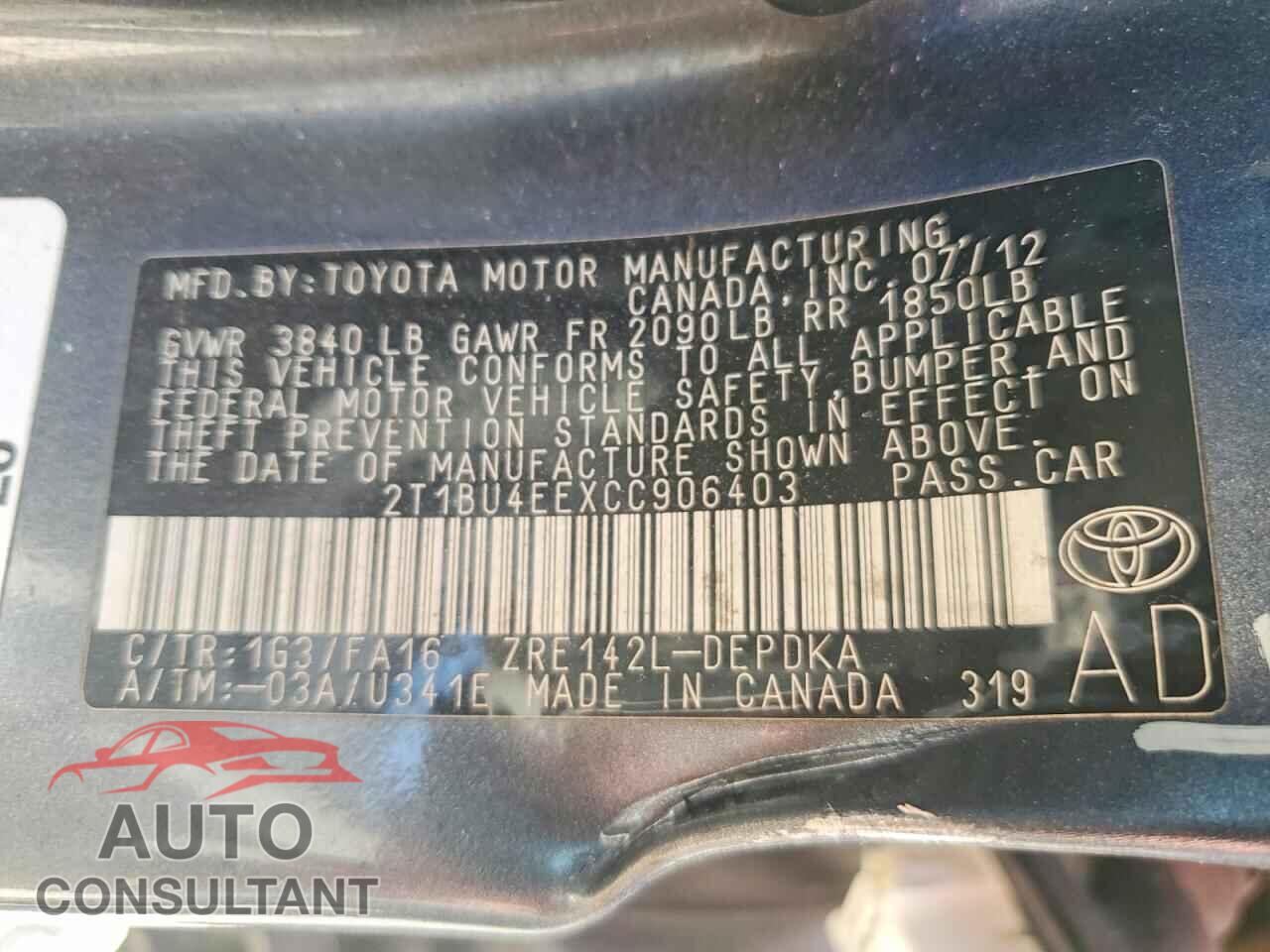 TOYOTA COROLLA 2012 - 2T1BU4EEXCC906403