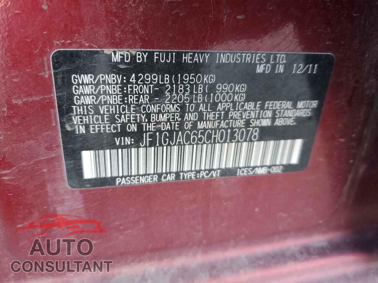 SUBARU IMPREZA 2012 - JF1GJAC65CH013078