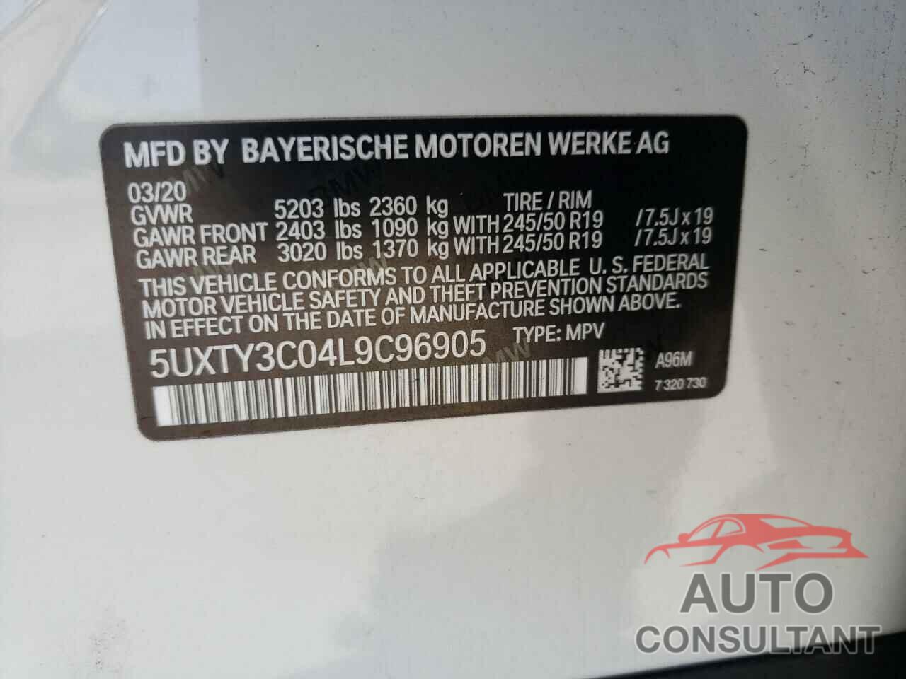 BMW X3 2020 - 5UXTY3C04L9C96905
