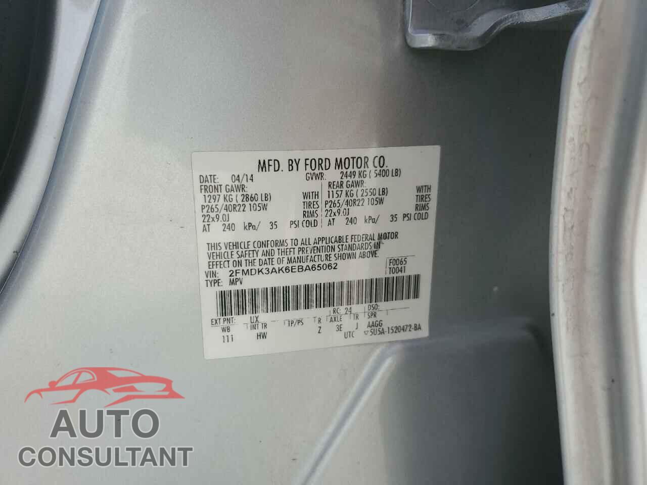 FORD EDGE 2014 - 2FMDK3AK6EBA65062