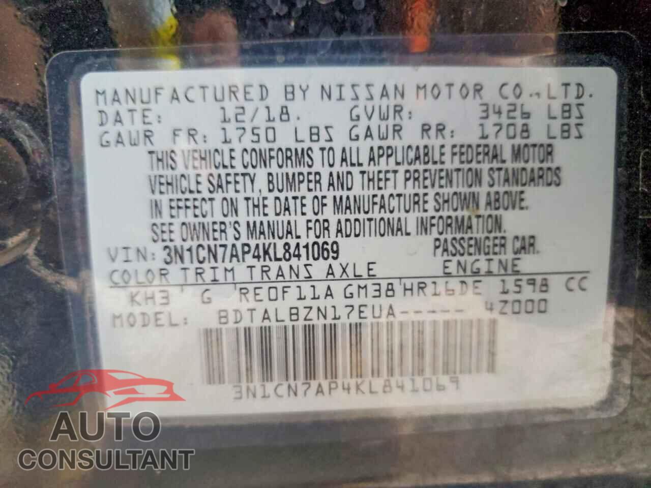 NISSAN VERSA 2019 - 3N1CN7AP4KL841069