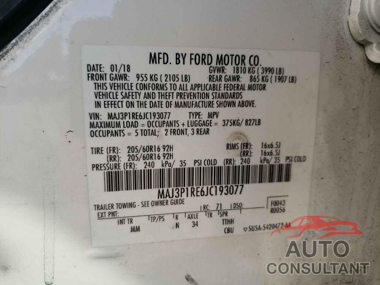 FORD ALL OTHER 2018 - MAJ3P1RE6JC193077