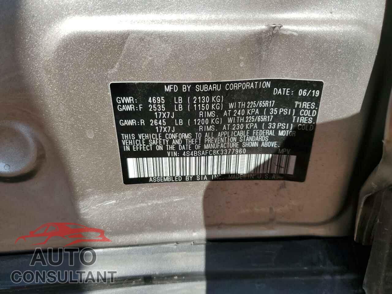 SUBARU OUTBACK 2019 - 4S4BSAFC8K3377960