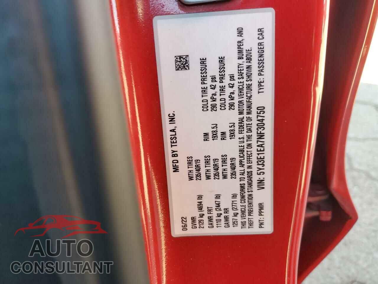 TESLA MODEL 3 2022 - 5YJ3E1EA7NF304750