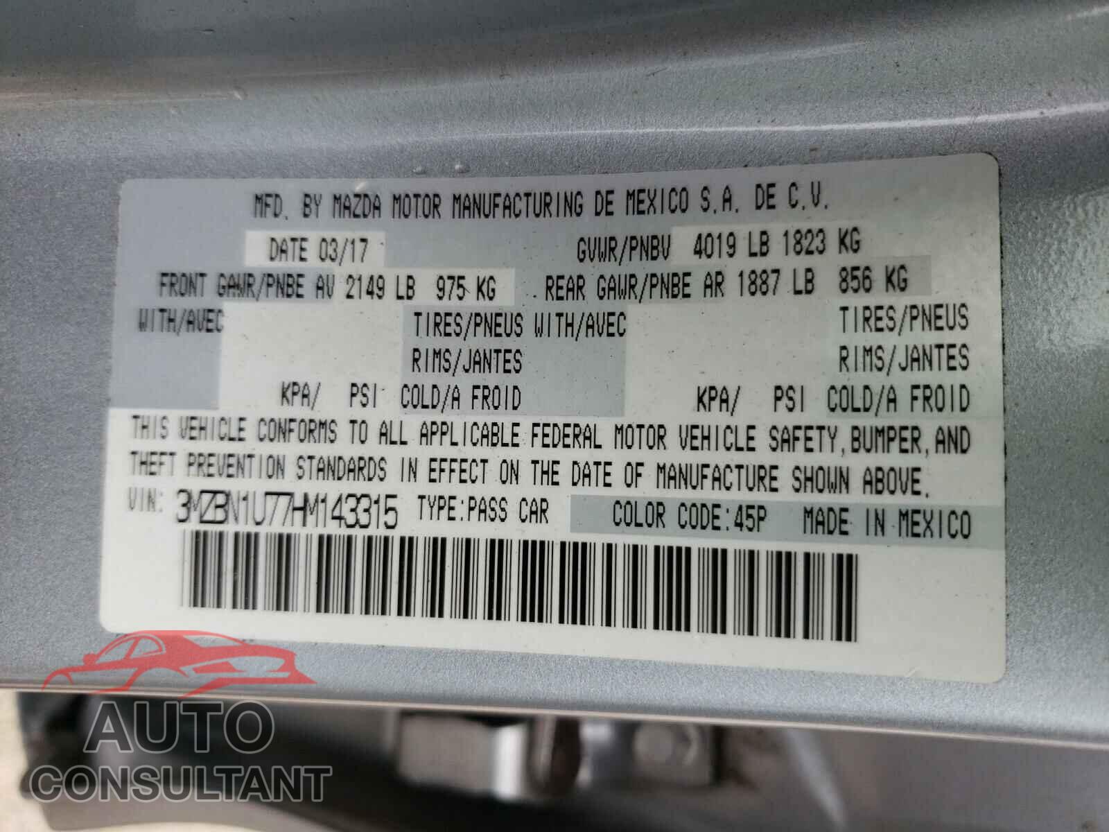 MAZDA 3 2017 - 3MZBN1U77HM143315