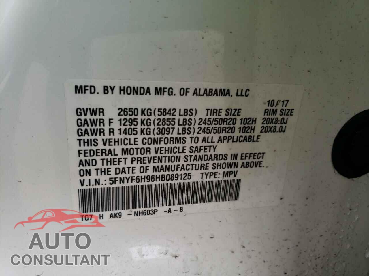 HONDA PILOT 2017 - 5FNYF6H96HB089125