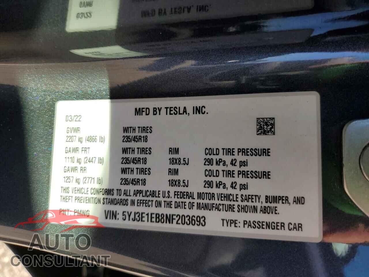 TESLA MODEL 3 2022 - 5YJ3E1EB8NF203693