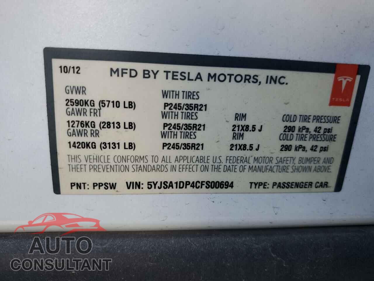 TESLA MODEL S 2012 - 5YJSA1DP4CFS00694