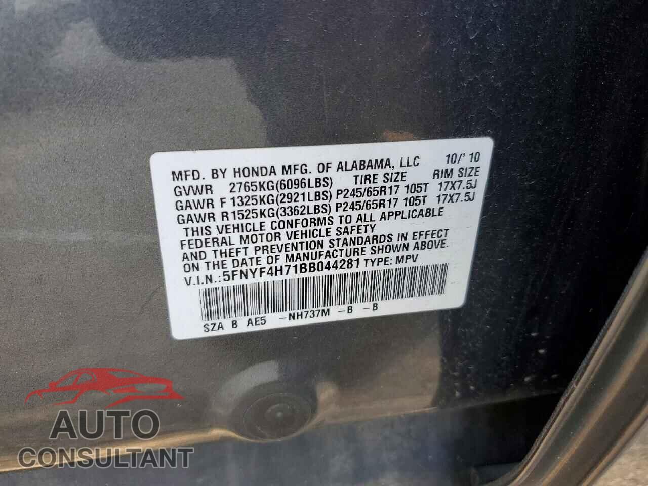 HONDA PILOT 2011 - 5FNYF4H71BB044281