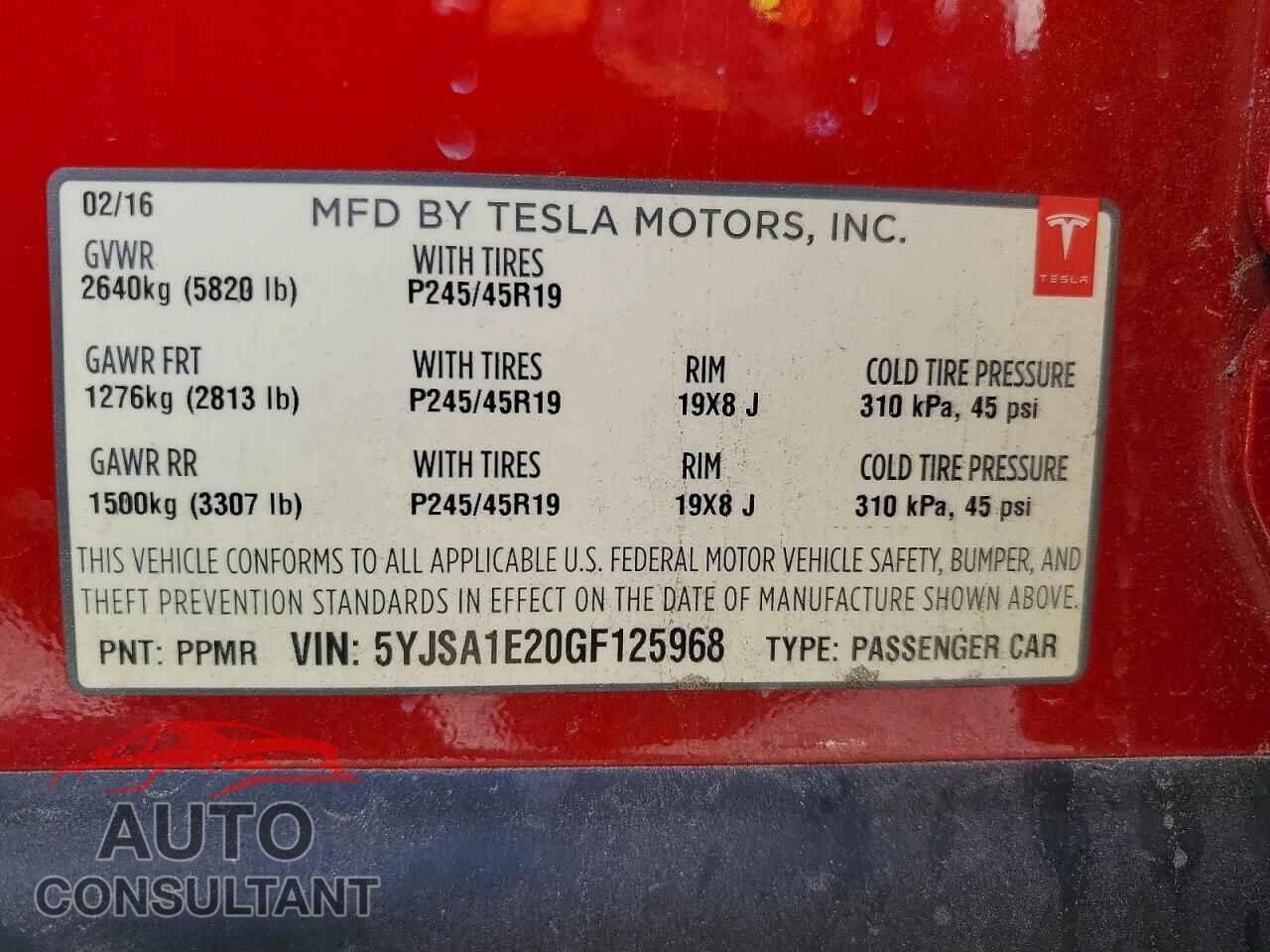 TESLA MODEL S 2016 - 5YJSA1E20GF125968