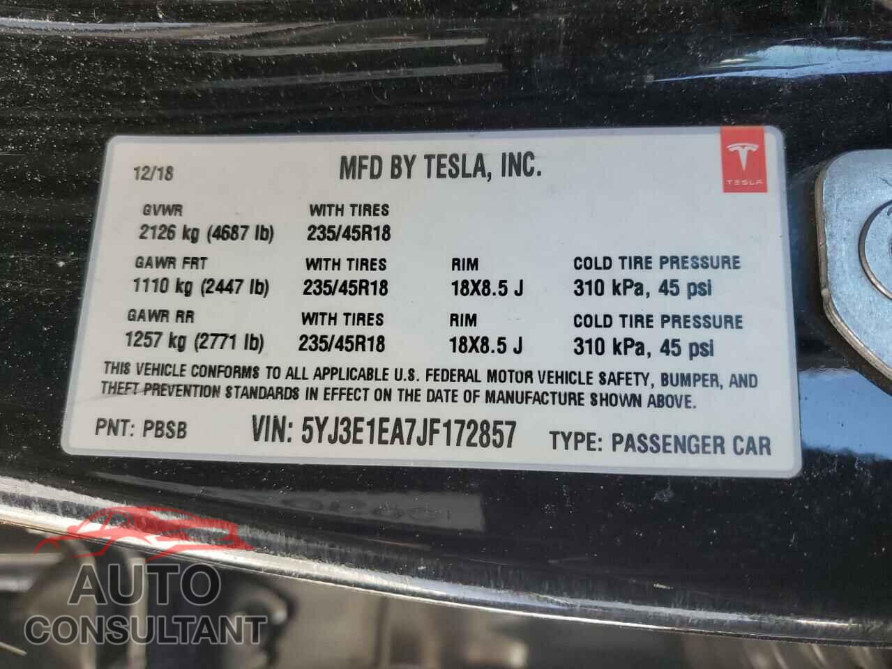 TESLA MODEL 3 2018 - 5YJ3E1EA7JF172857