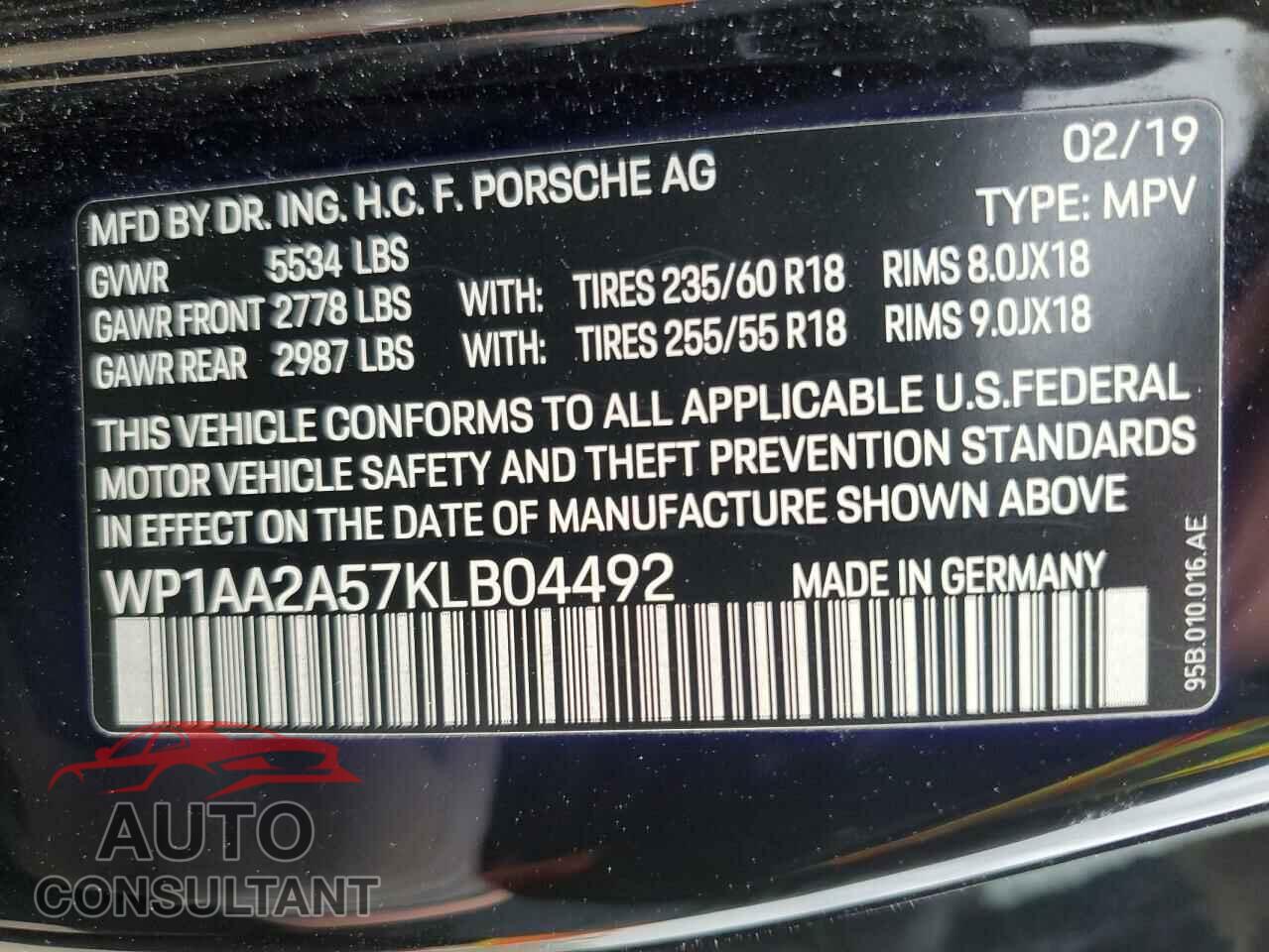 PORSCHE MACAN 2019 - WP1AA2A57KLB04492