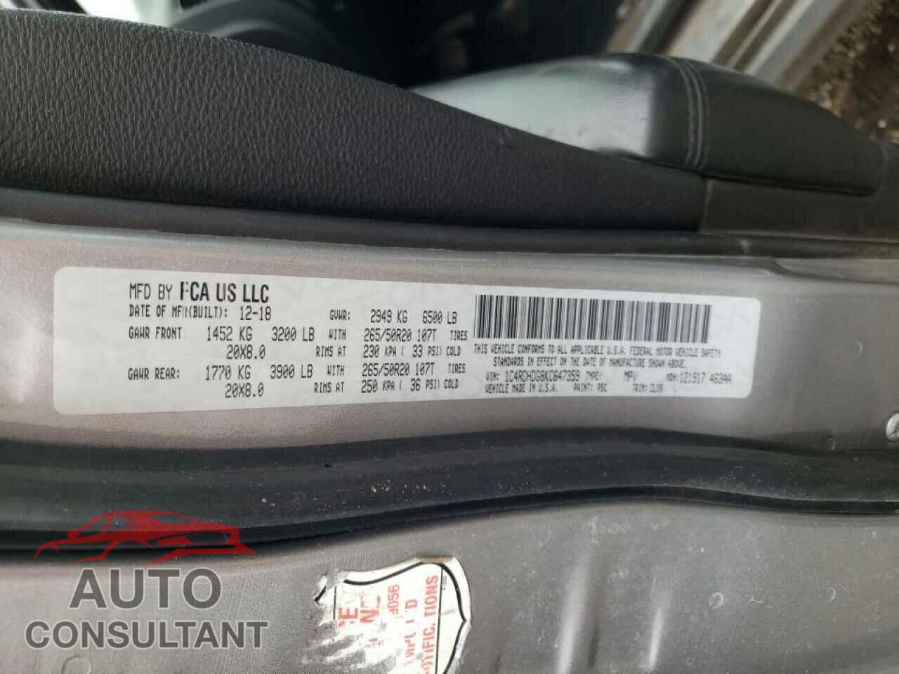 DODGE DURANGO 2019 - 1C4RDHDG8KC647359