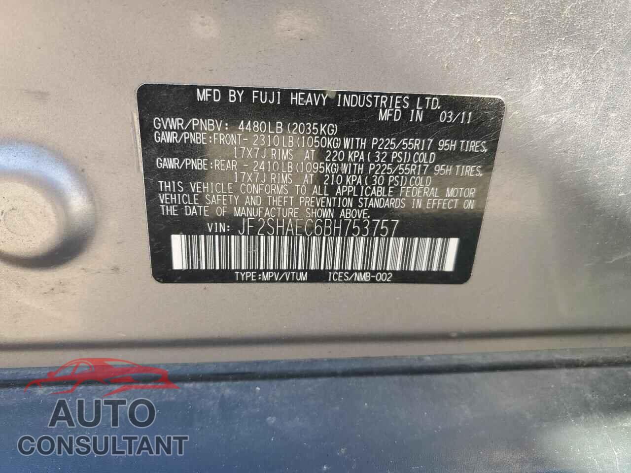 SUBARU FORESTER 2011 - JF2SHAEC6BH753757