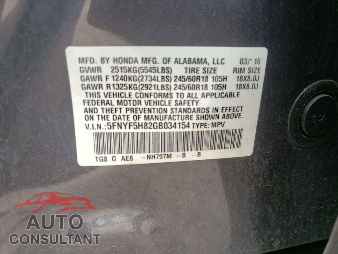 HONDA PILOT 2016 - 5FNYF5H82GB034154