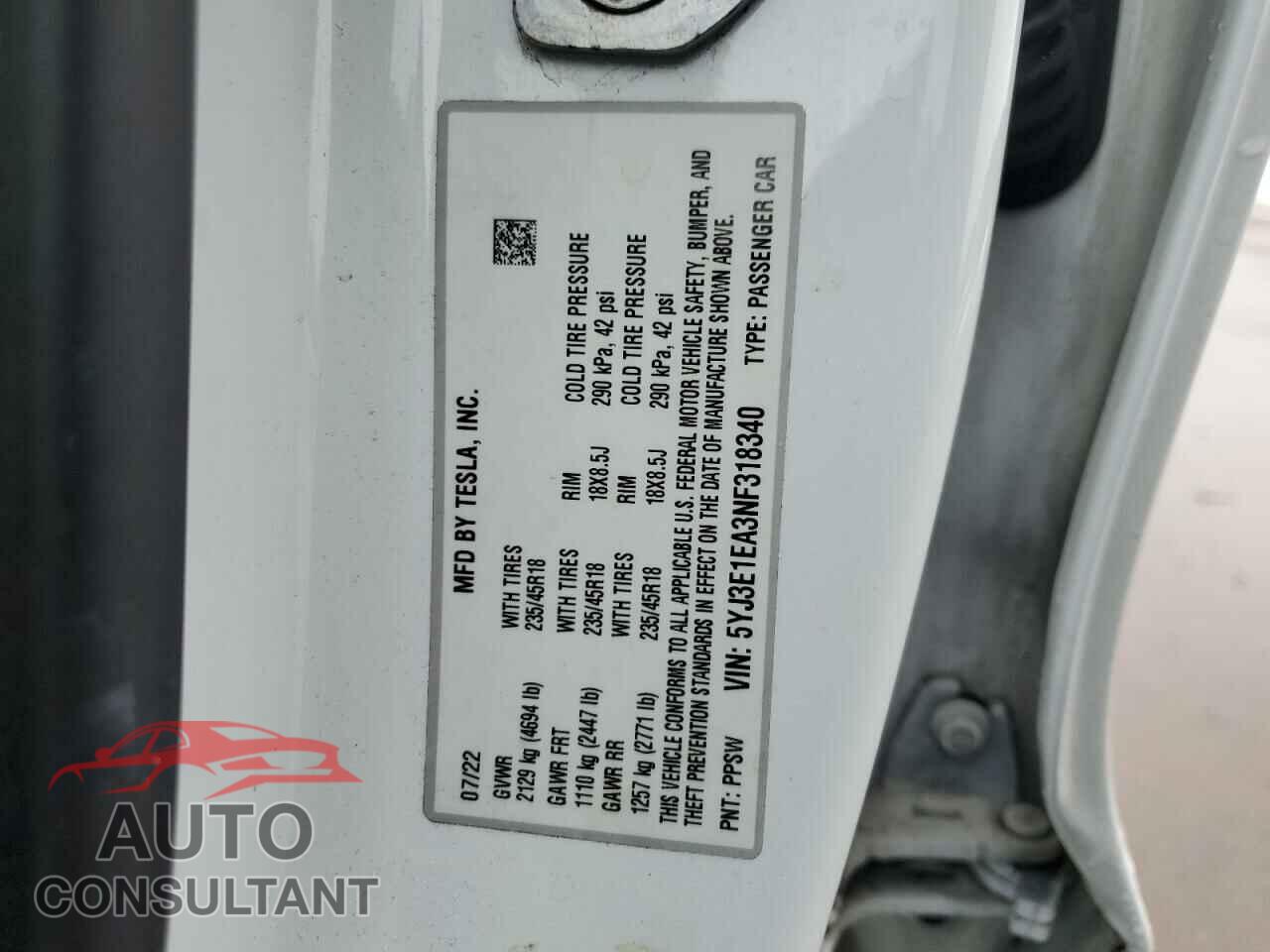 TESLA MODEL 3 2022 - 5YJ3E1EA3NF318340