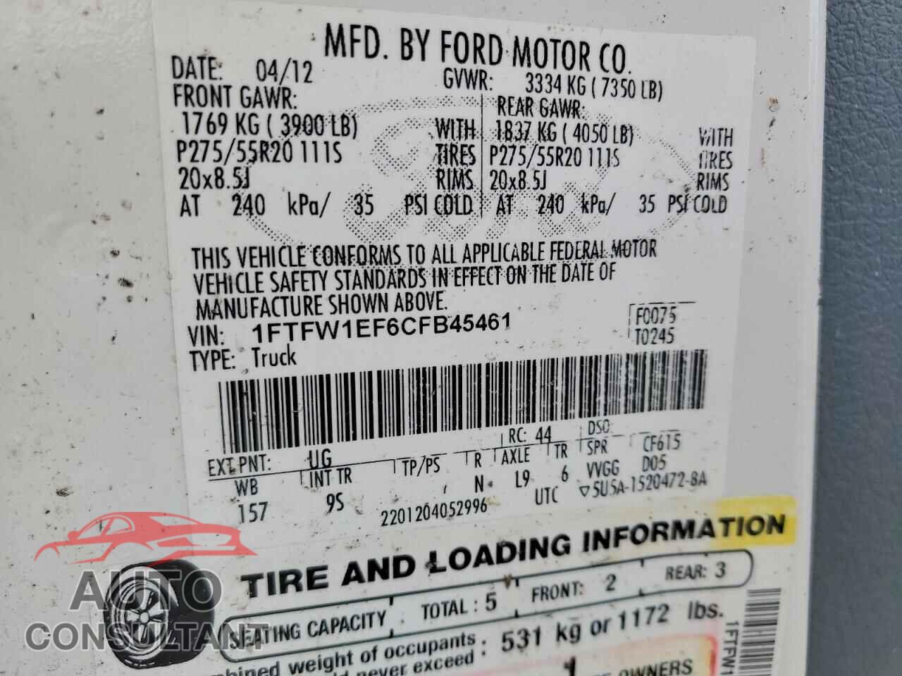 FORD F150 2012 - 1FTFW1EF6CFB45461