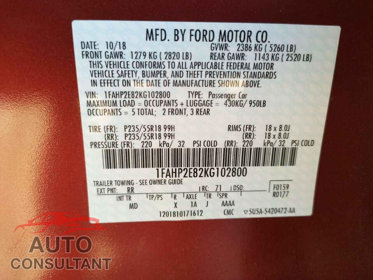 FORD TAURUS 2019 - 1FAHP2E82KG102800