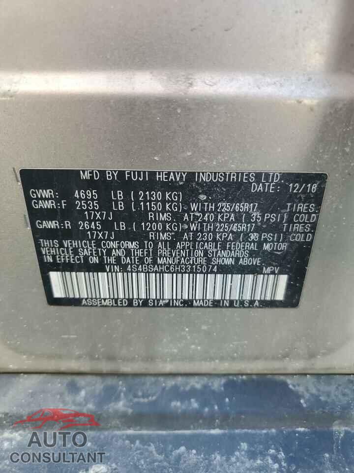 SUBARU OUTBACK 2017 - 4S4BSAHC6H3315074