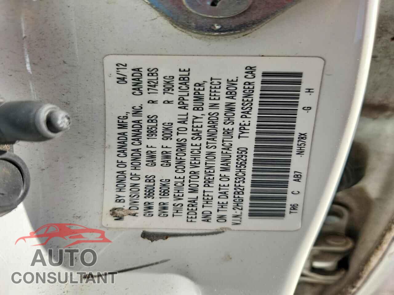 HONDA CIVIC 2012 - 2HGFB2F53CH562950