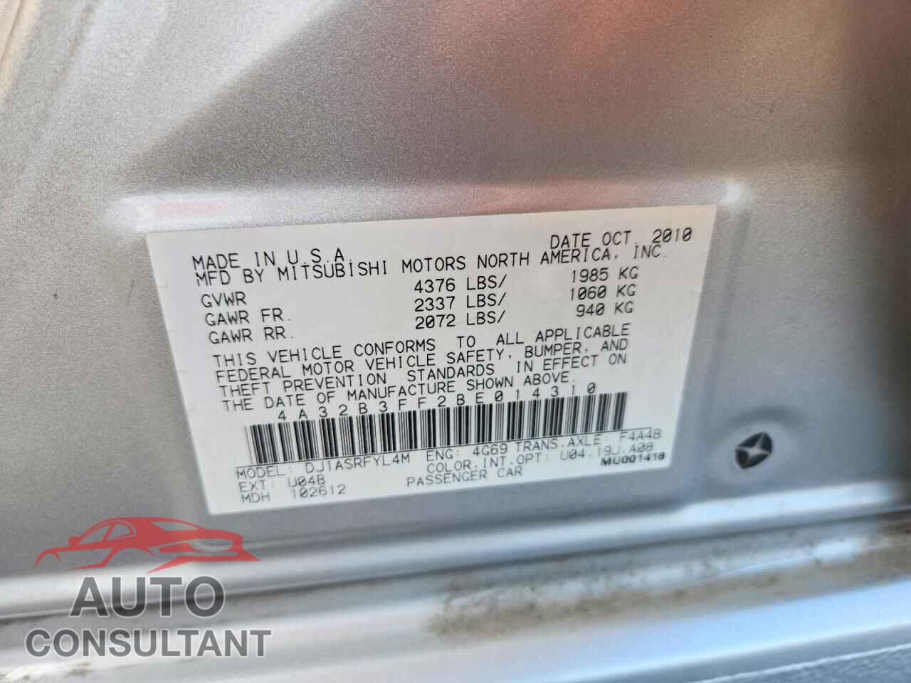 MITSUBISHI GALANT 2011 - 4A32B3FF2BE014310