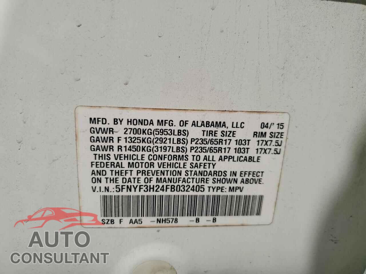 HONDA PILOT 2015 - 5FNYF3H24FB032405