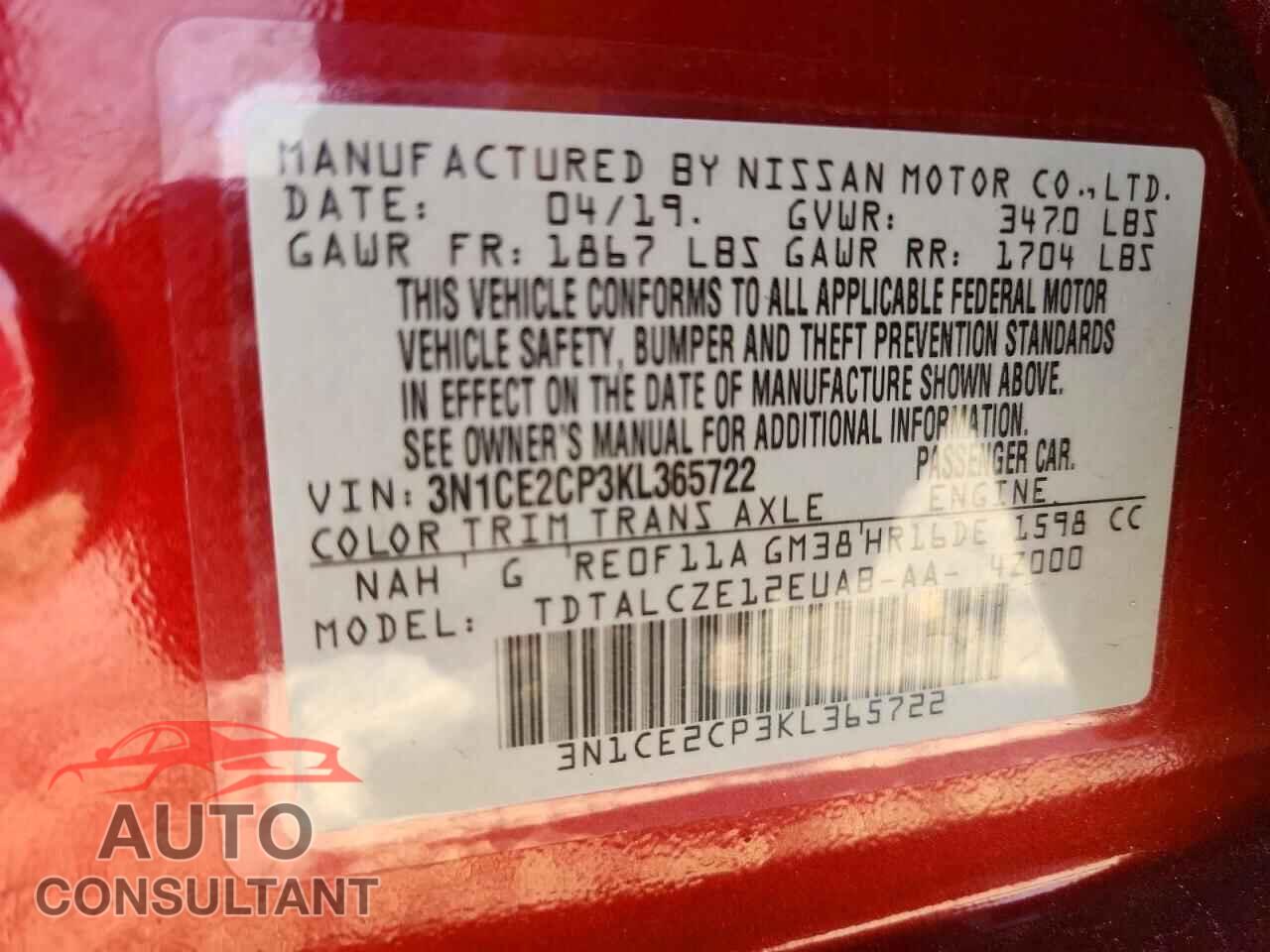 NISSAN VERSA NOTE 2019 - 3N1CE2CP3KL365722