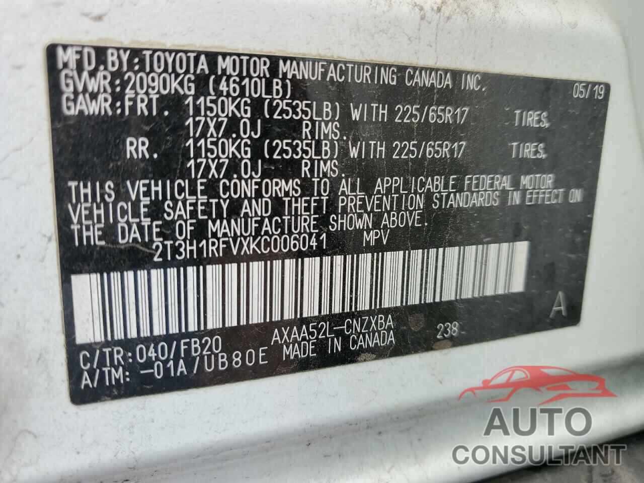 TOYOTA RAV4 2019 - 2T3H1RFVXKC006041