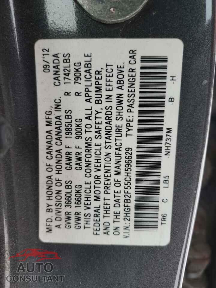 HONDA CIVIC 2012 - 2HGFB2F55CH596629