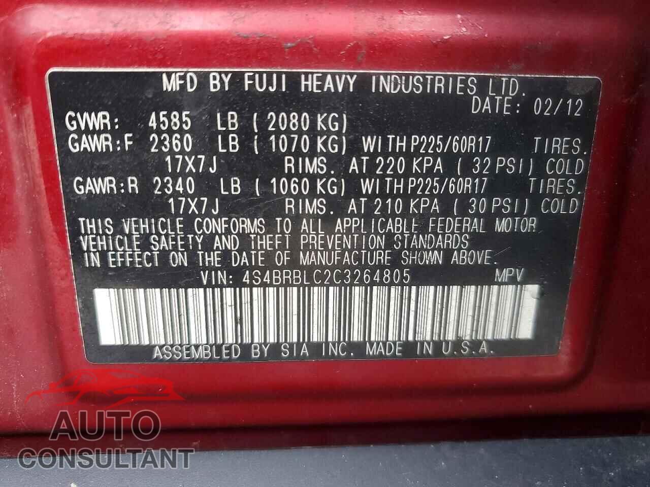 SUBARU OUTBACK 2012 - 4S4BRBLC2C3264805