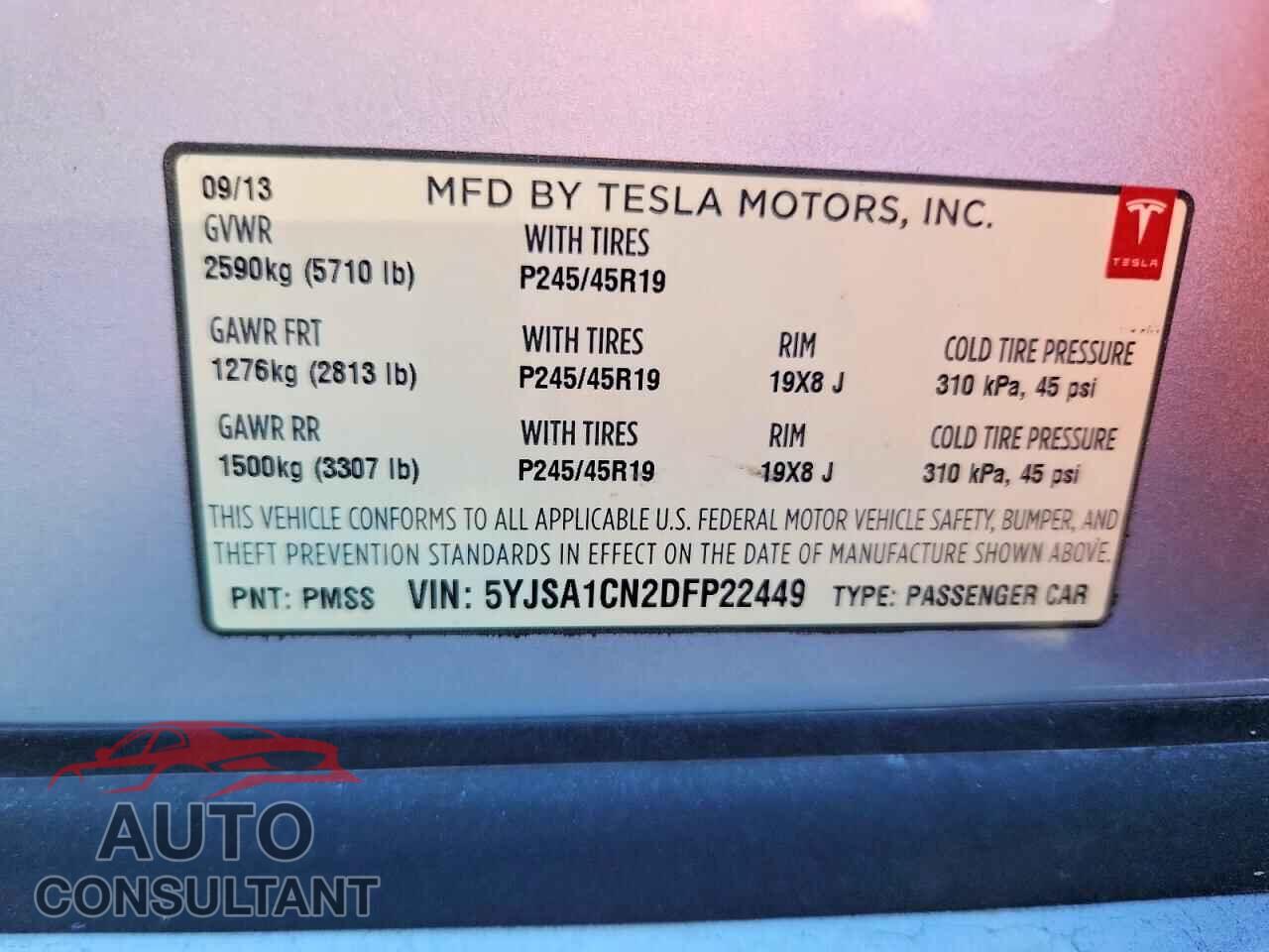 TESLA MODEL S 2013 - 5YJSA1CN2DFP22449