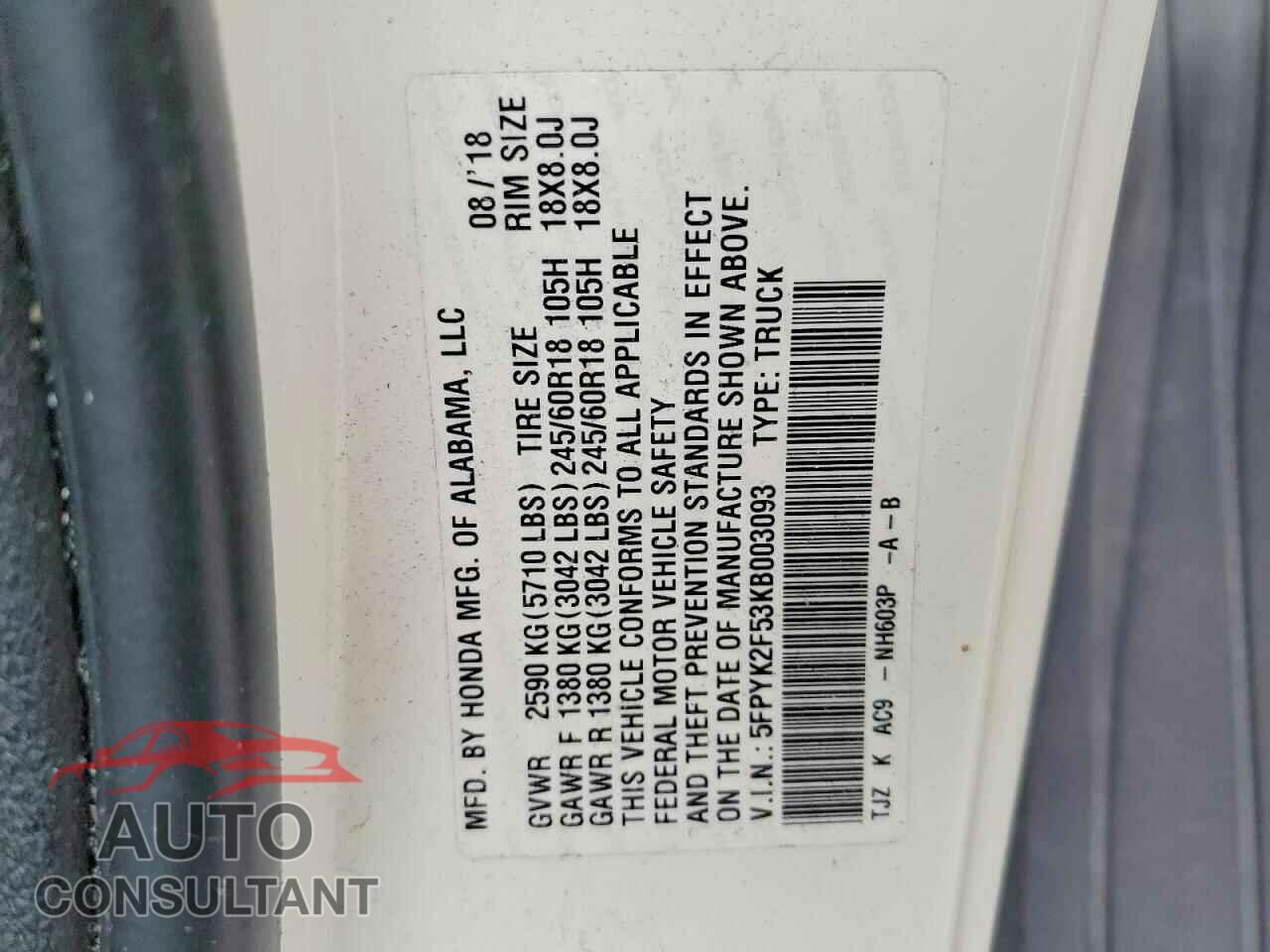 HONDA RIDGELINE 2019 - 5FPYK2F53KB003093