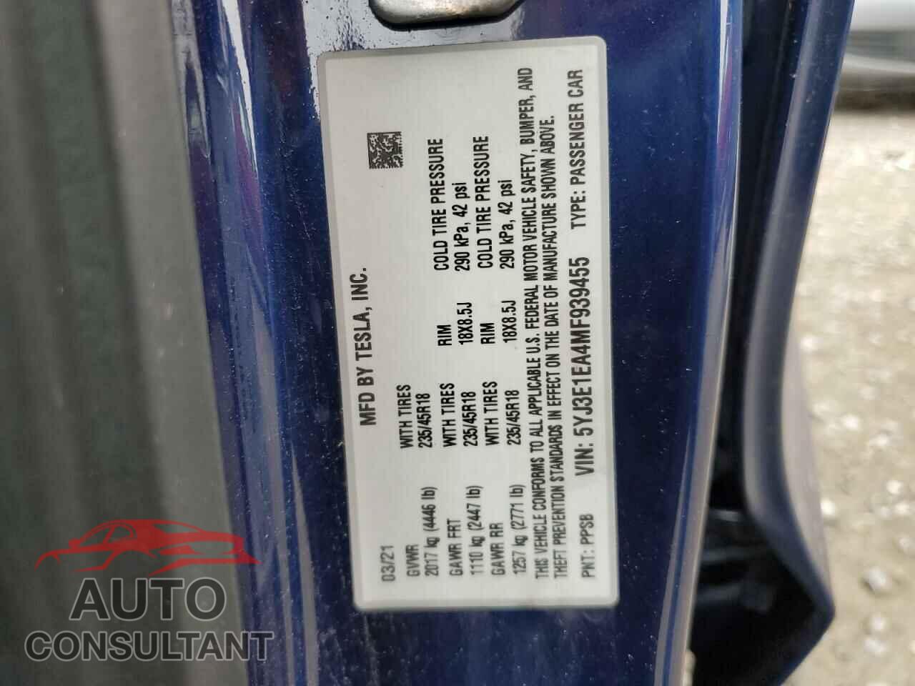TESLA MODEL 3 2021 - 5YJ3E1EA4MF939455