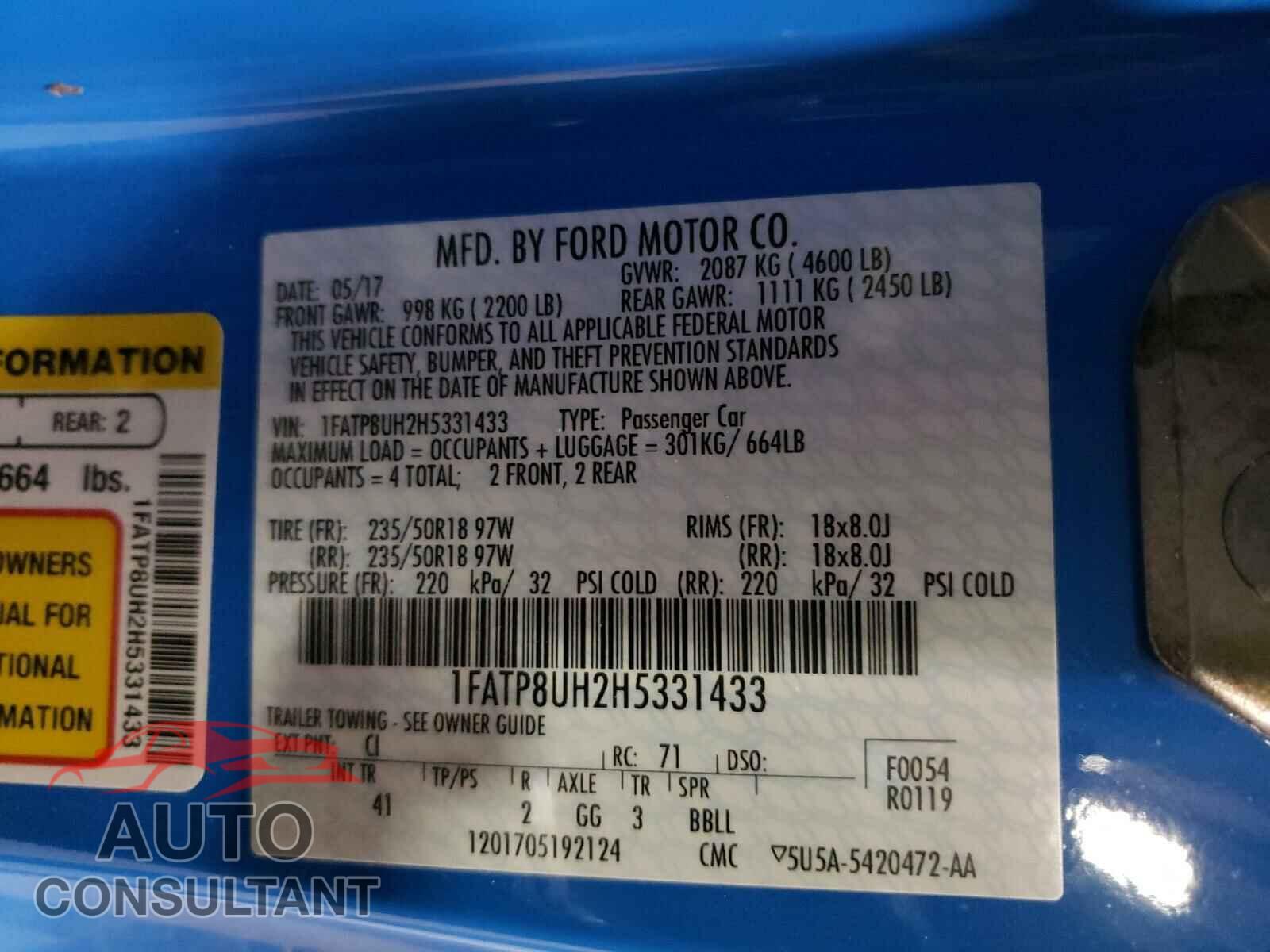 FORD MUSTANG 2017 - 1FATP8UH2H5331433