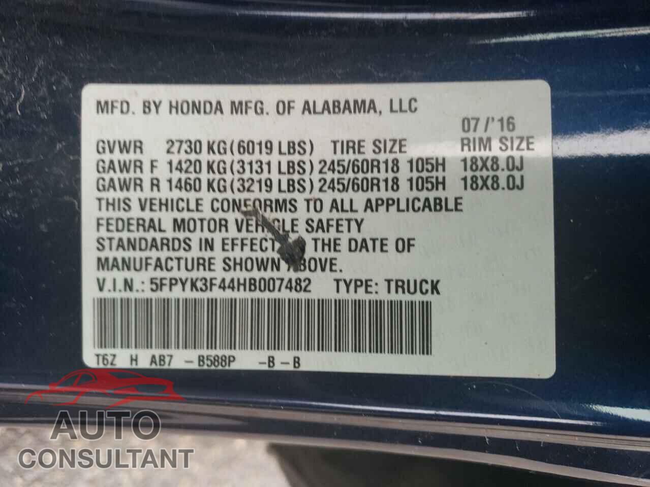 HONDA RIDGELINE 2017 - 5FPYK3F44HB007482