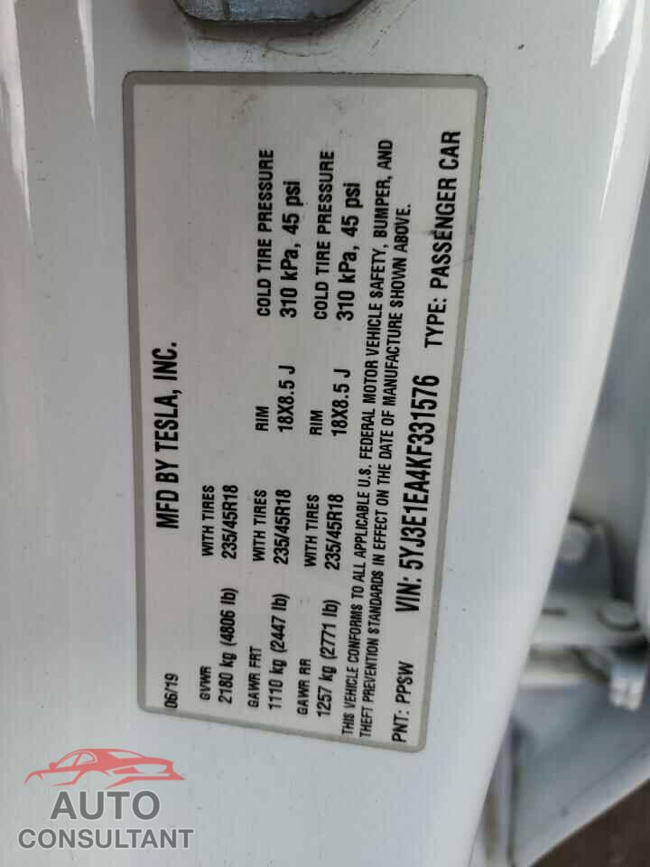 TESLA MODEL 3 2019 - 5YJ3E1EA4KF331576