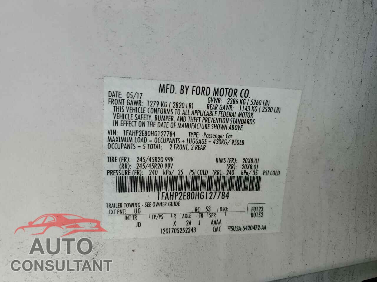 FORD TAURUS 2017 - 1FAHP2E80HG127784