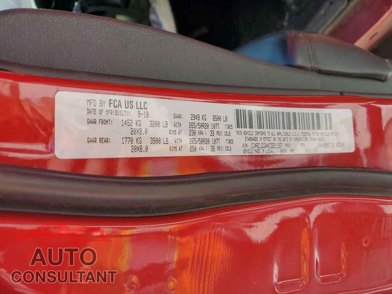 DODGE DURANGO 2019 - 1C4RDJDG4KC551137
