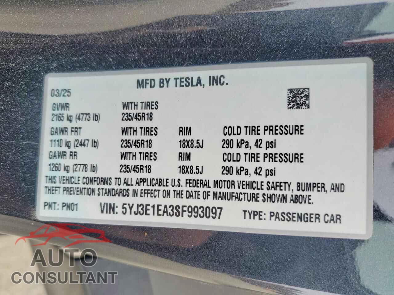 TESLA MODEL 3 2025 - 5YJ3E1EA3SF993097