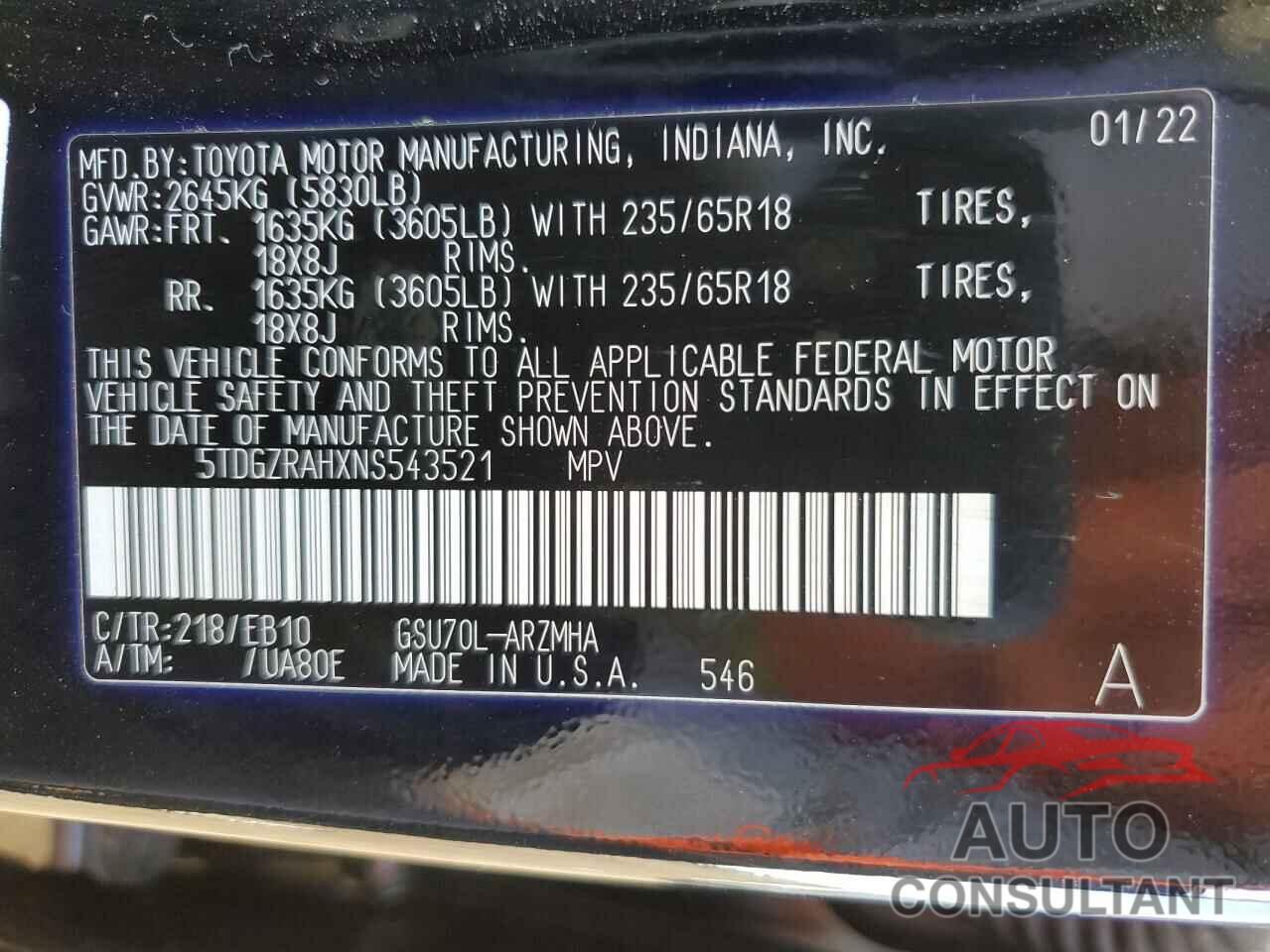 TOYOTA HIGHLANDER 2022 - 5TDGZRAHXNS543521