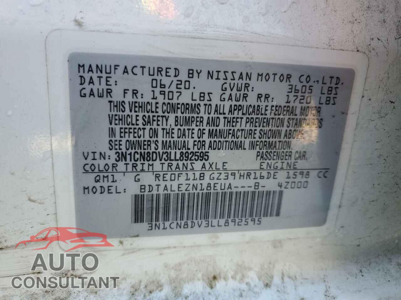 NISSAN VERSA 2020 - 3N1CN8DV3LL892595