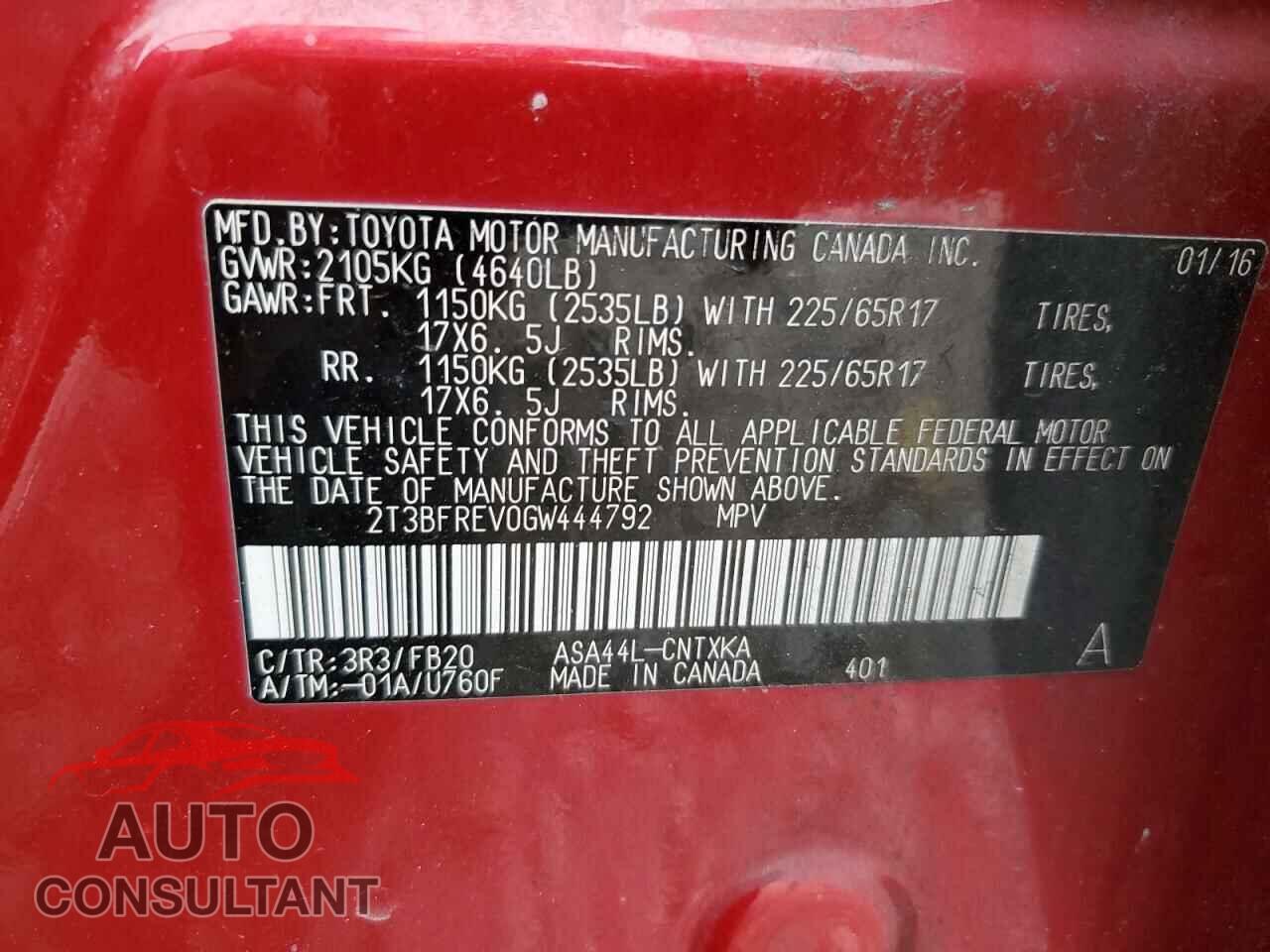 TOYOTA RAV4 2016 - 2T3BFREV0GW444792