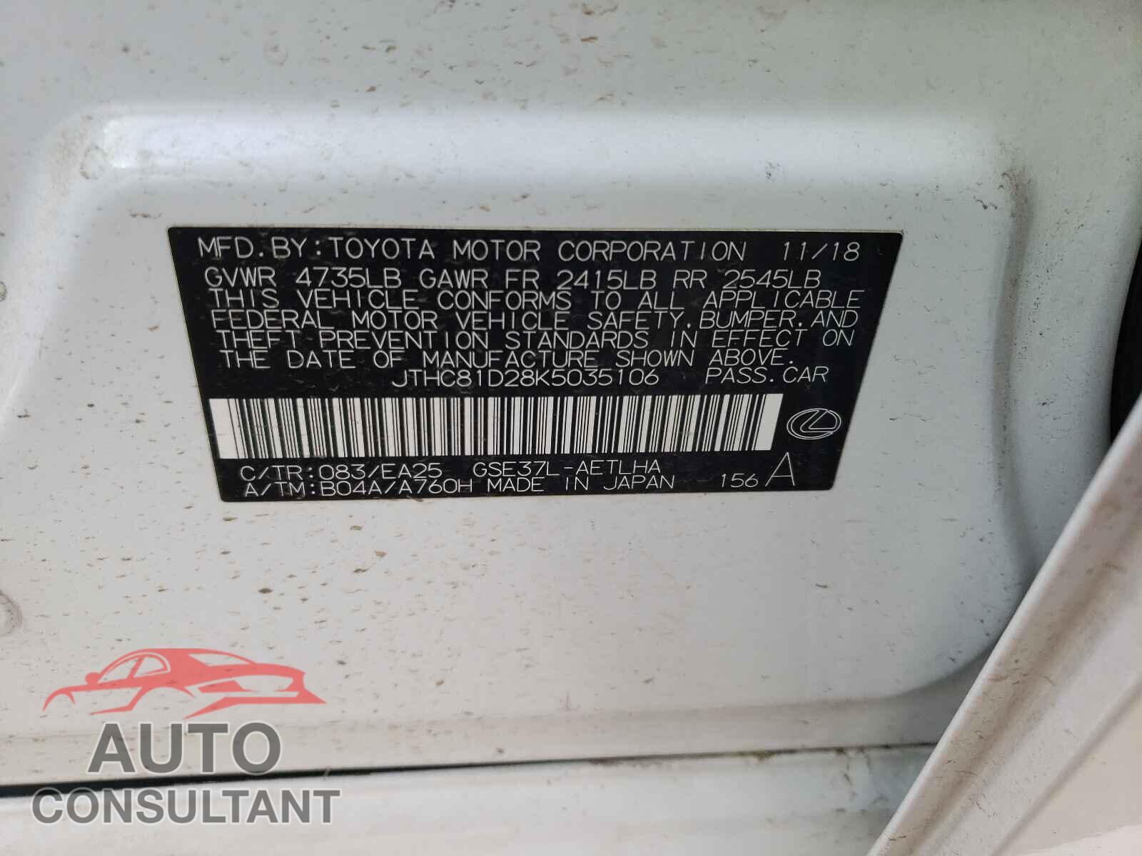 LEXUS IS 2019 - JTHC81D28K5035106