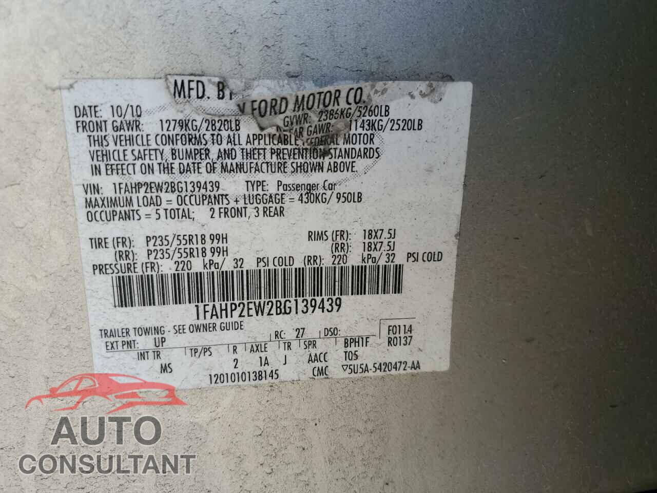 FORD TAURUS 2011 - 1FAHP2EW2BG139439