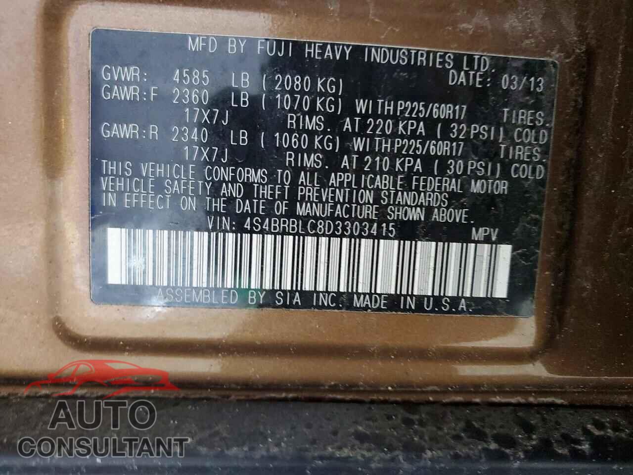 SUBARU OUTBACK 2013 - 4S4BRBLC8D3303415