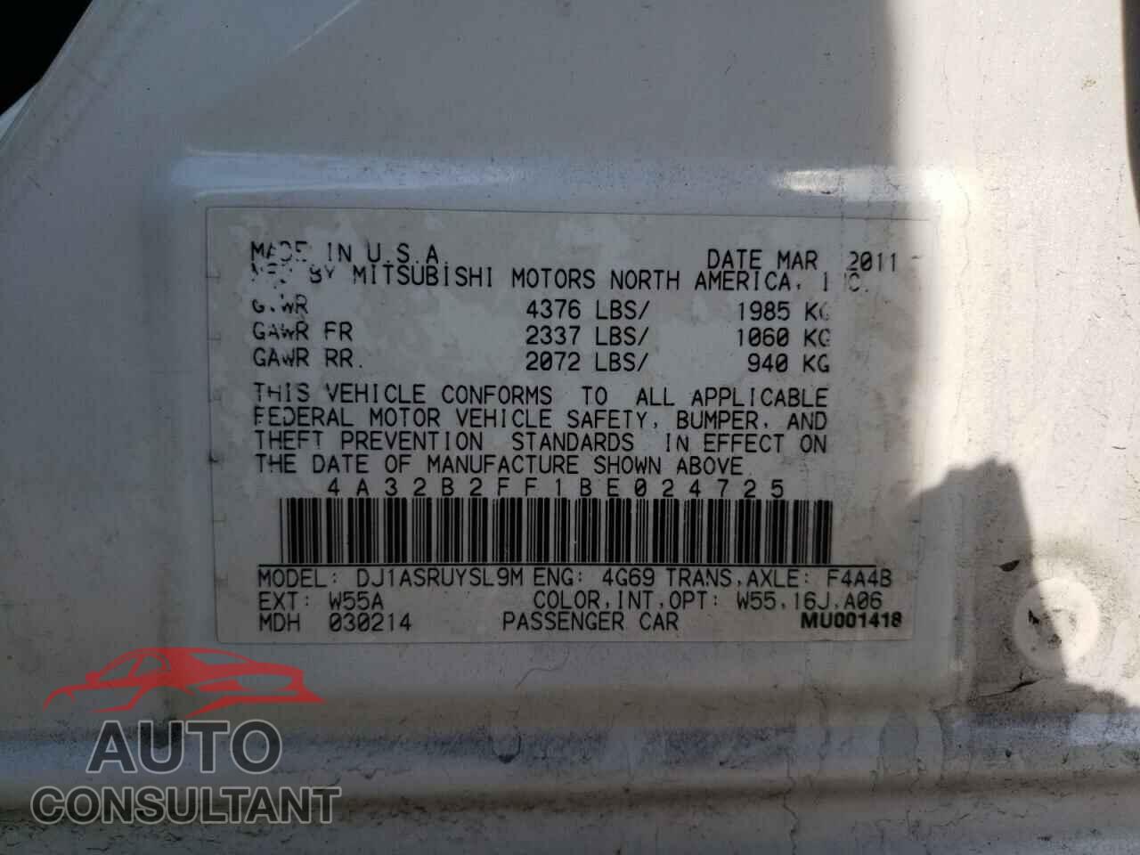 MITSUBISHI GALANT 2011 - 4A32B2FF1BE024725