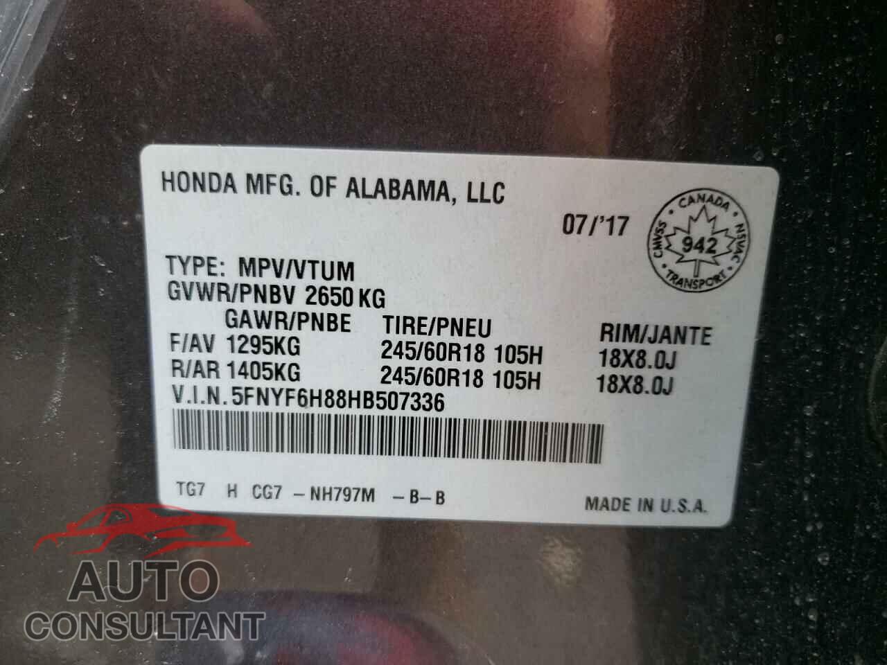 HONDA PILOT 2017 - 5FNYF6H88HB507336