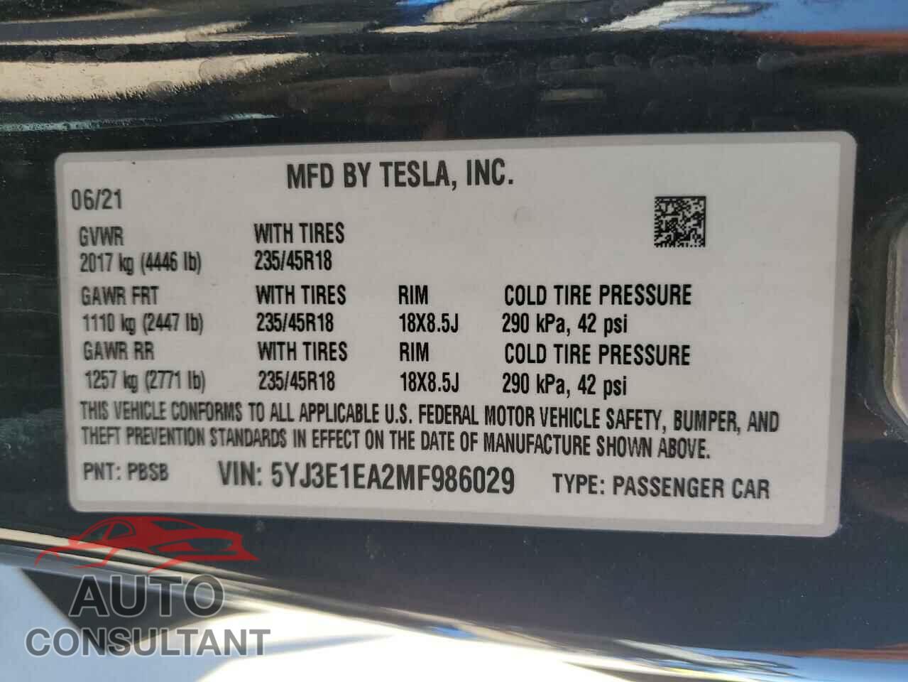 TESLA MODEL 3 2021 - 5YJ3E1EA2MF986029